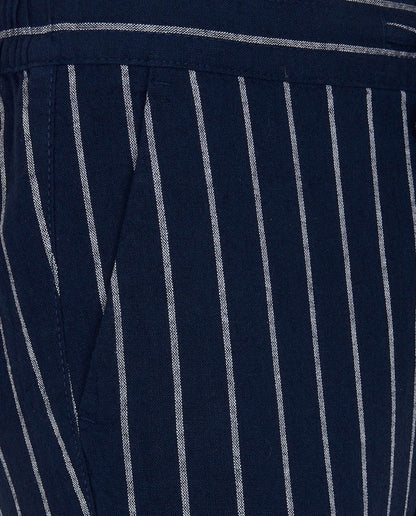 Navy Blue Striped Linen-Blend Trousers with Dori
