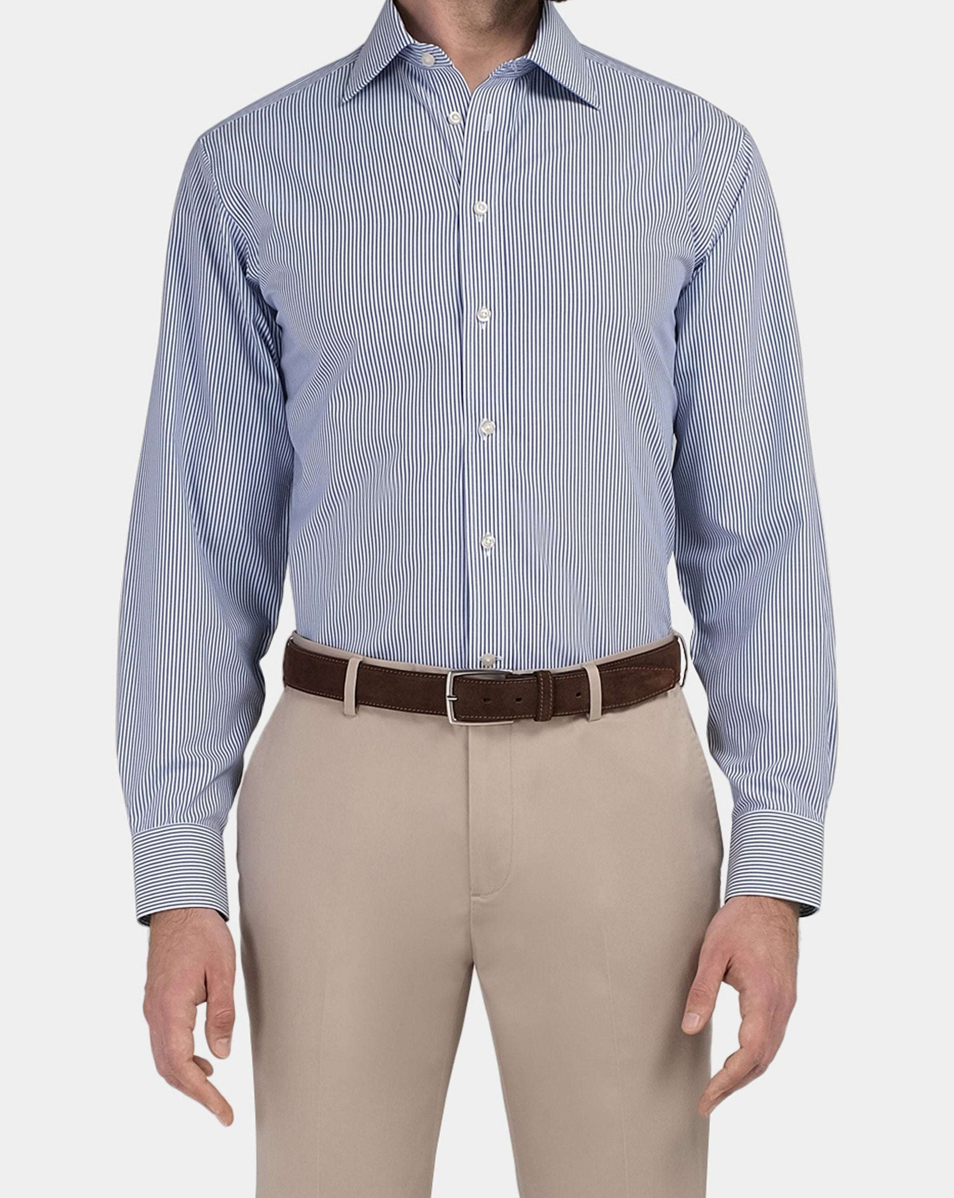 Men’s Non-Iron Permanent Regular Fit Striped Shirt – Blue | Full Sleeves